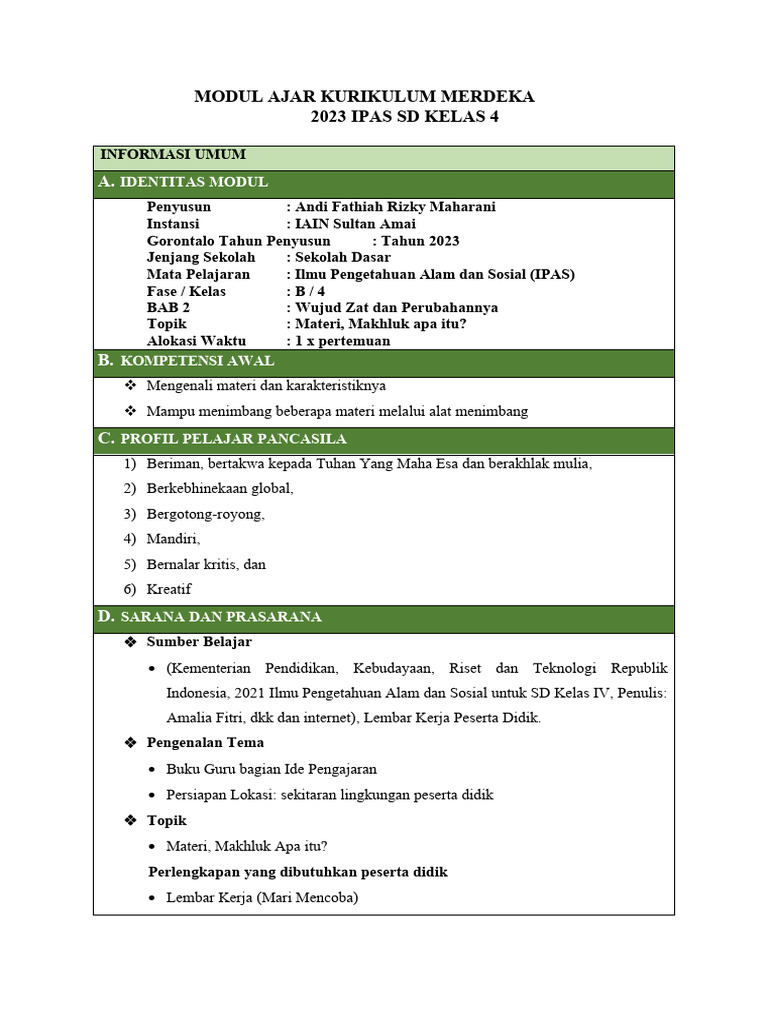Modul Ajar IPAS Kelas 4 Kurikulum Merdeka | PDF