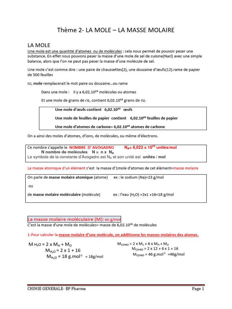 Masse Molaire et Calculs en Chimie | PDF | Mole (unité) | Concentration ...