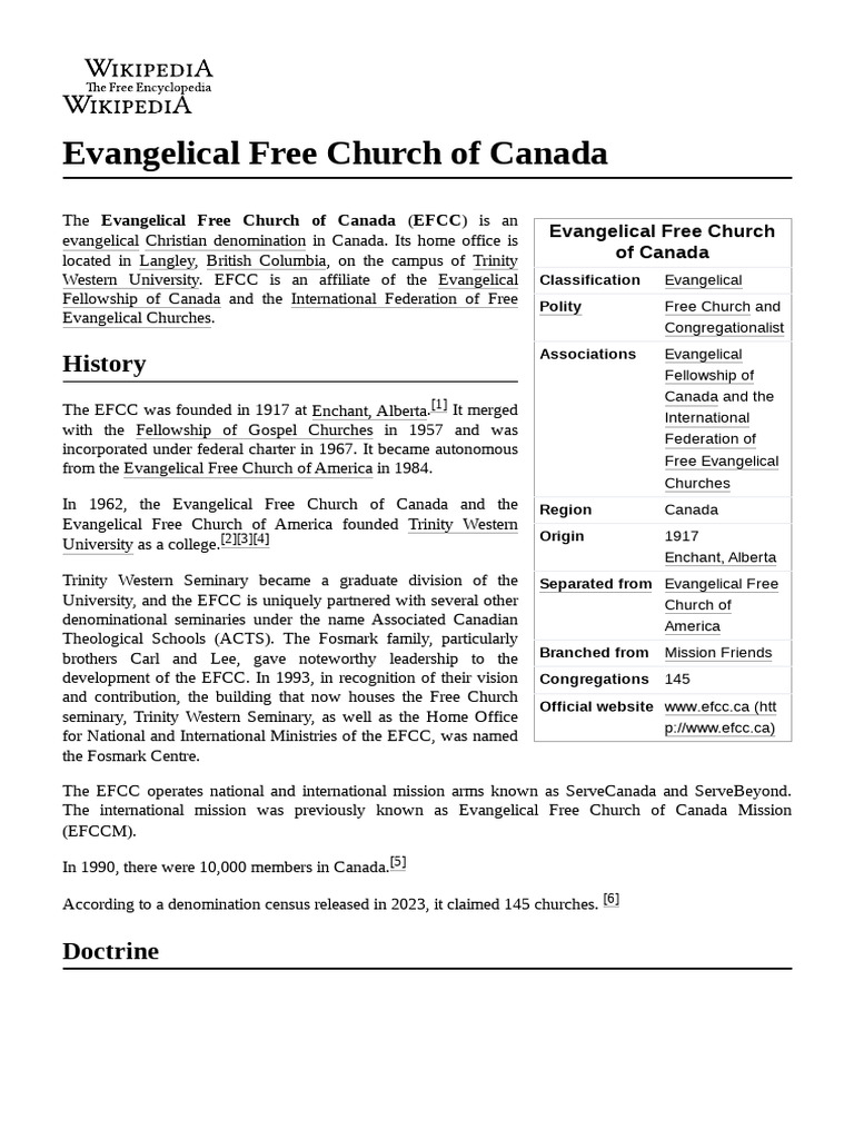 Evangelical Free Church of Canada Overview PDF Western Christianity