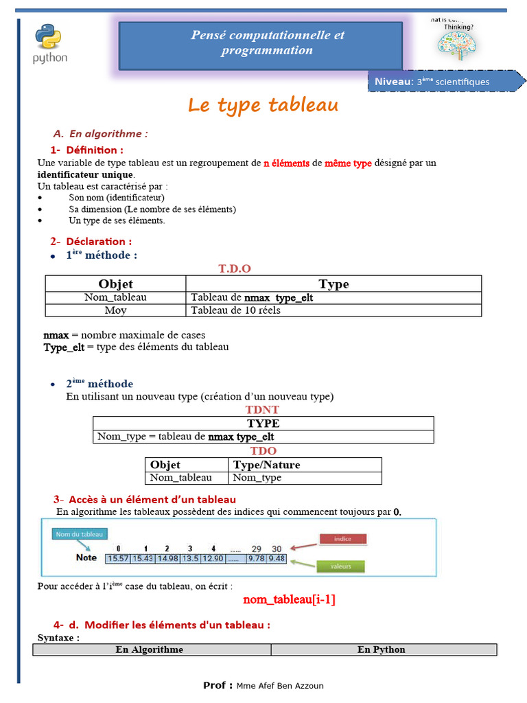 Introduction aux Tableaux en Algorithme et Python | PDF | Programmation ...