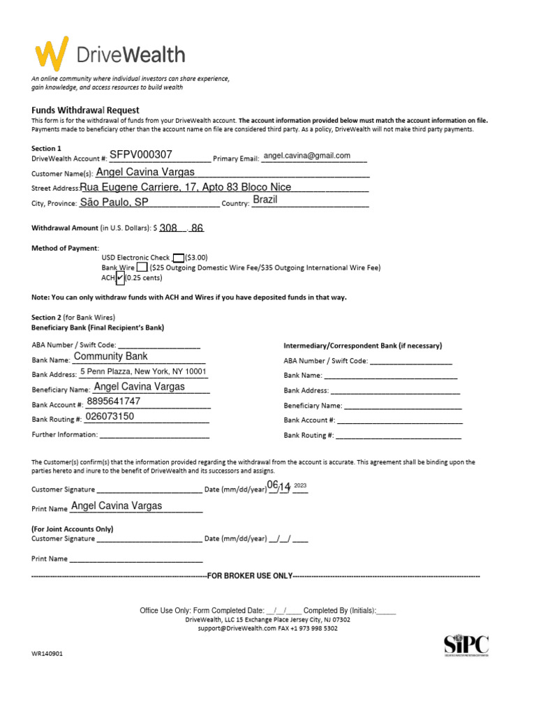 DriveWealth Funds Withdrawal Form | PDF | Banks | Wire Transfer