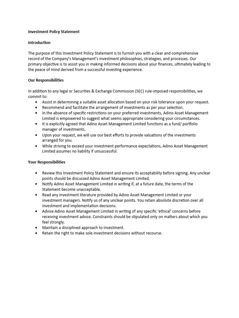 Investment Policy PDF Finance & Money Management