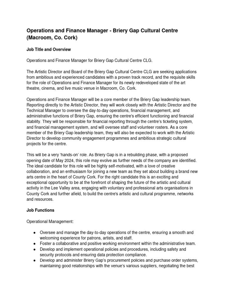 Briery Gap Operations and Finance Manager Job Spec PDF Regulatory