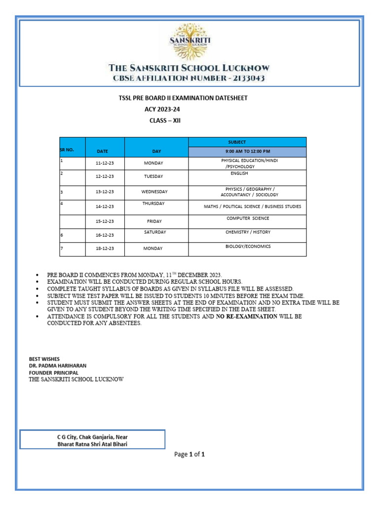 TSSL Pre Board II Examination Datesheet Class Xii-1 | PDF