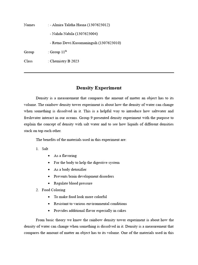 Density Experiment PDF Sodium Chloride Ion