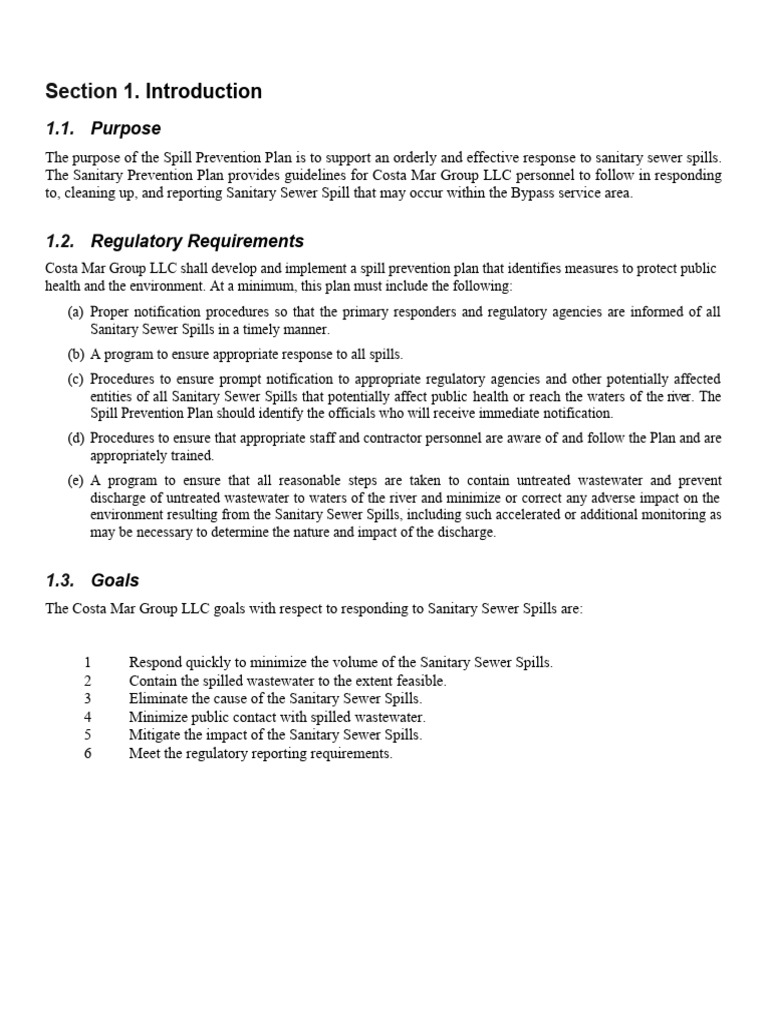 Spill Prevention Plan PDF Sanitation Sanitary Sewer