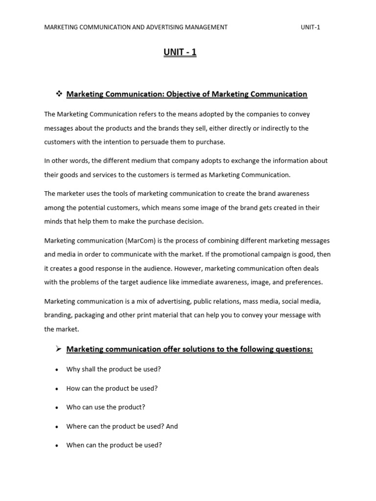 Marketing and Communication Mix Unit 1 | PDF | Marketing Communications ...