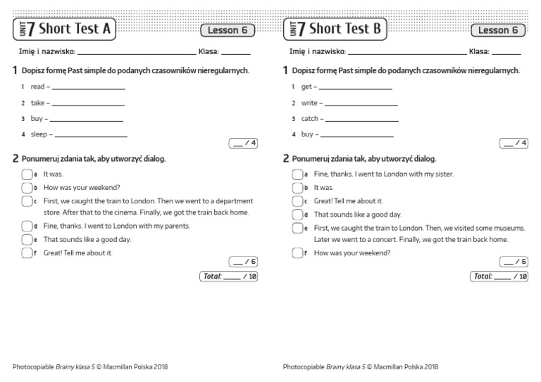 Brainy 5 Unit 7 Short Test A | PDF