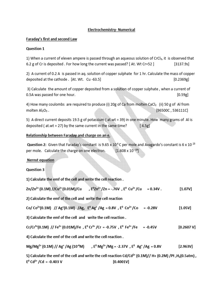 Electrochemistry Numerical WS PDF Electrochemistry Corrosion