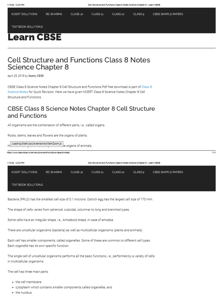 Cell Structure and Functions Class 8 Notes Science Chapter 8 Learn