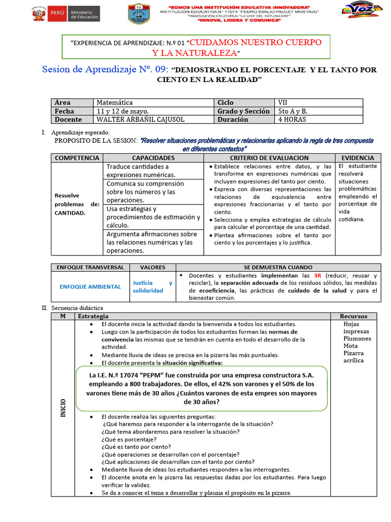 Sesión De Aprendizaje N° 19: Uso Sostenible De Recursos Naturales