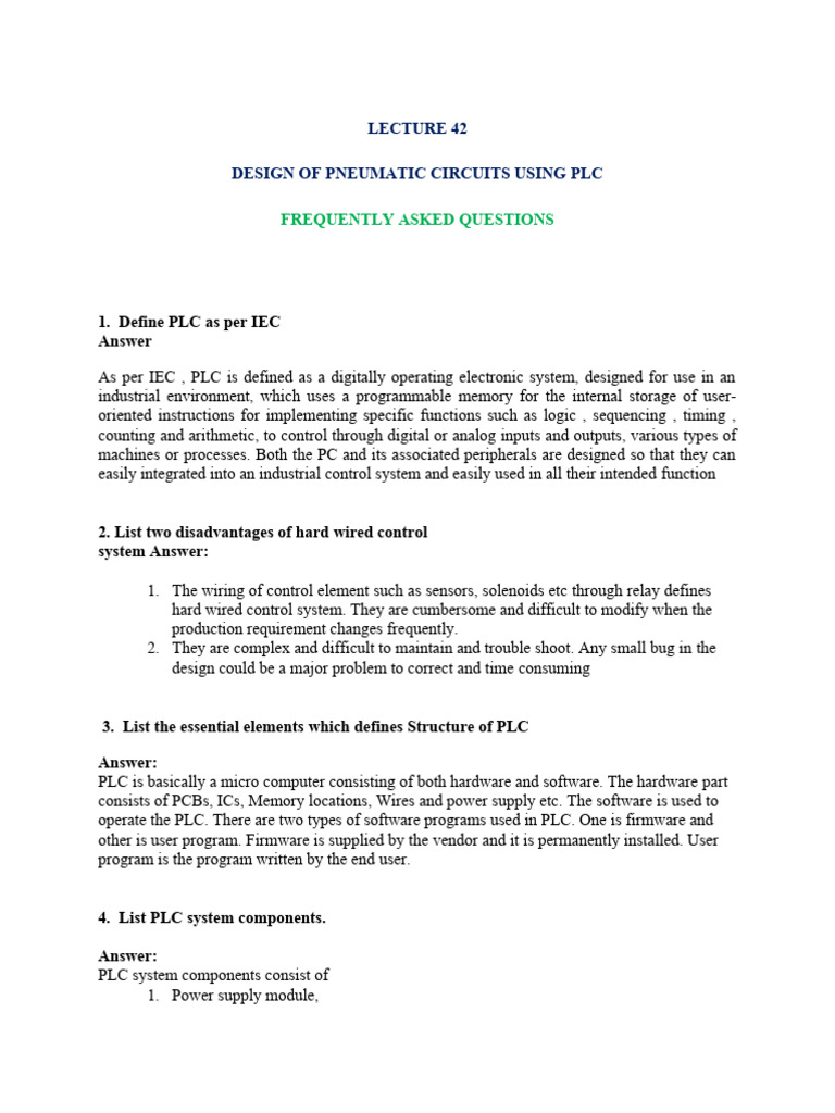 DESIGN OF PNEUMATIC CIRCUITS USING PLC PartA Question and Answers