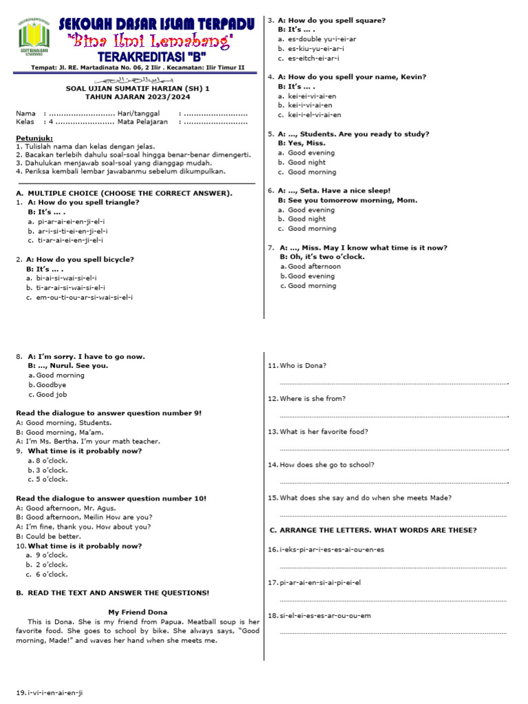 Ujian Sumatif Harian Kelas 4 | PDF | Language Arts & Discipline
