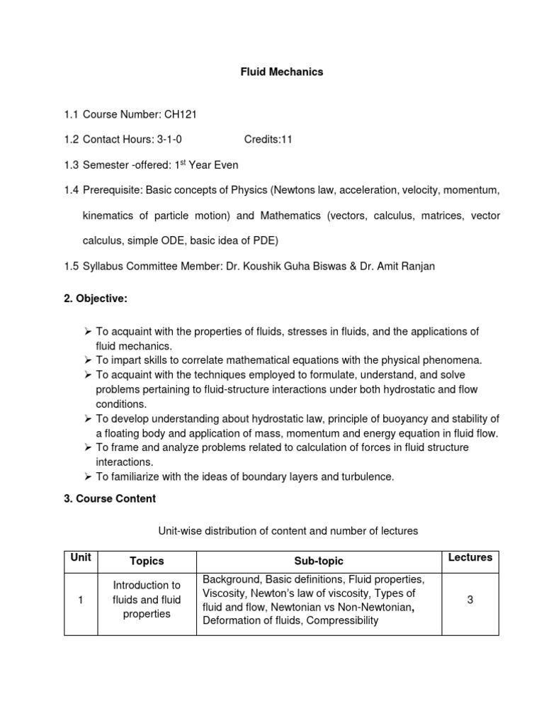 Fluid Mechanics Course Overview and Objectives | PDF | Fluid Mechanics ...