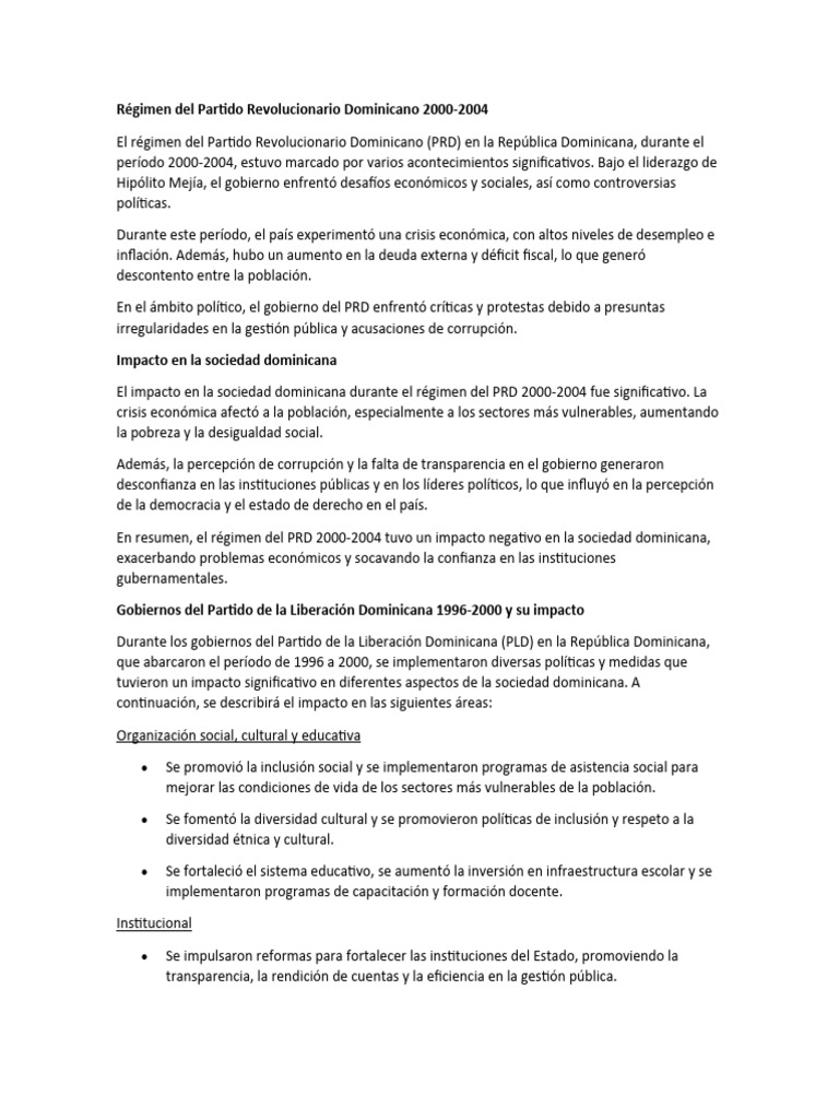Impacto del PRD y PLD en RD 2000-2020 | PDF | República Dominicana ...