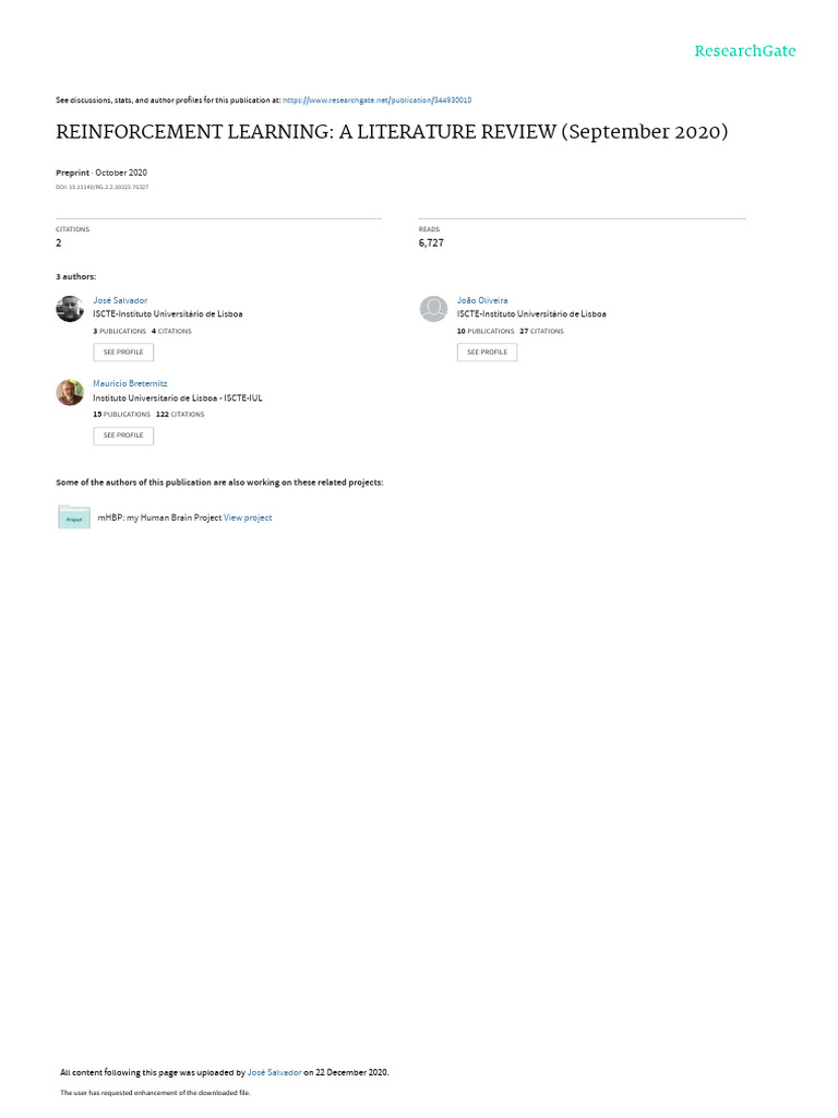 Reinforcement Learning Literature Review | PDF | Artificial Neural ...