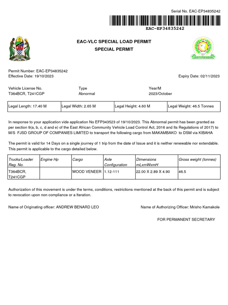 Special Load Permit EAC-EP34835242 | PDF | Truck | Land Vehicles