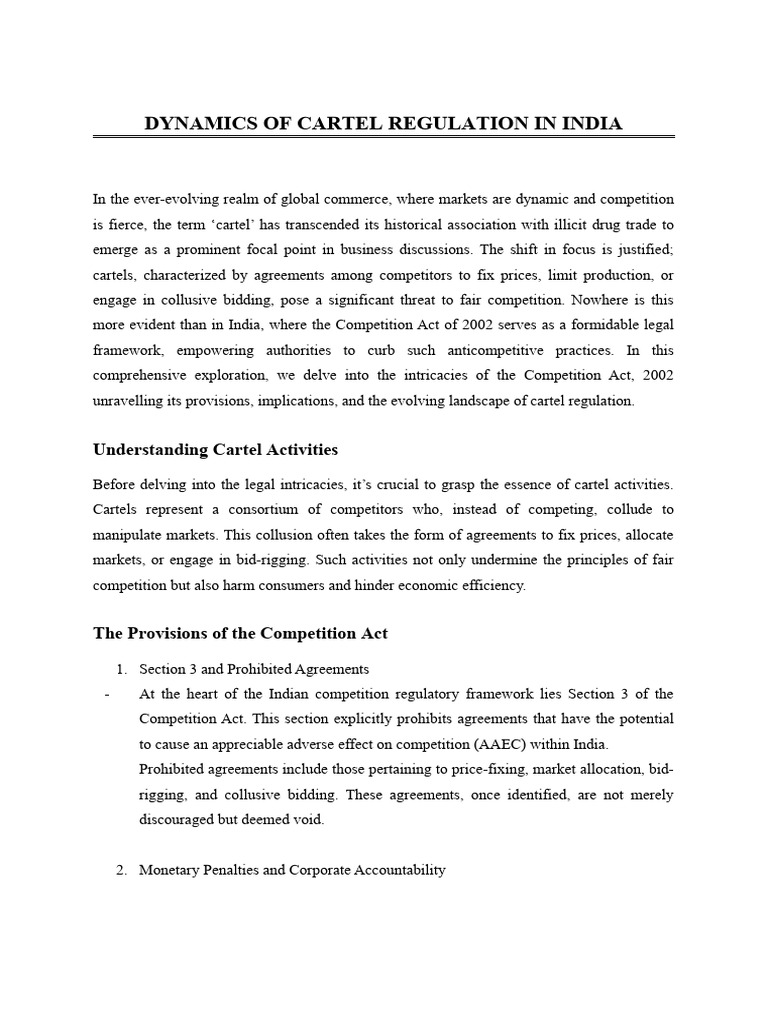 Dynamics Of Cartel Regulation In India Pdf Cartel Price Fixing
