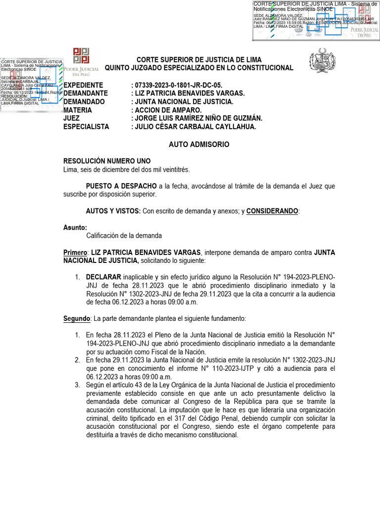 Quinto Juzgado Constitucional del Poder Judicial admitió a trámite