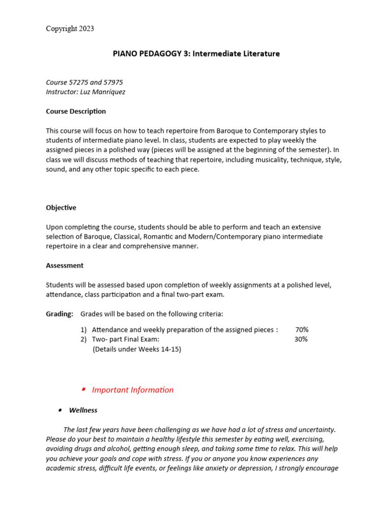 Piano Pedagogy III Syllabus 2023 | PDF | Carnegie Mellon University ...