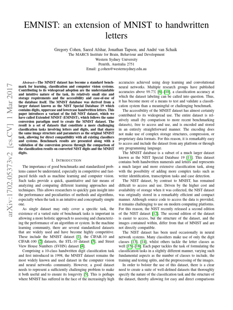 EMNIST: An Extension of MNIST To Handwritten Letters: Gregory Cohen ...