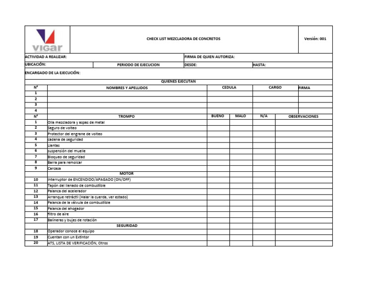 Check List Mezcladora | PDF