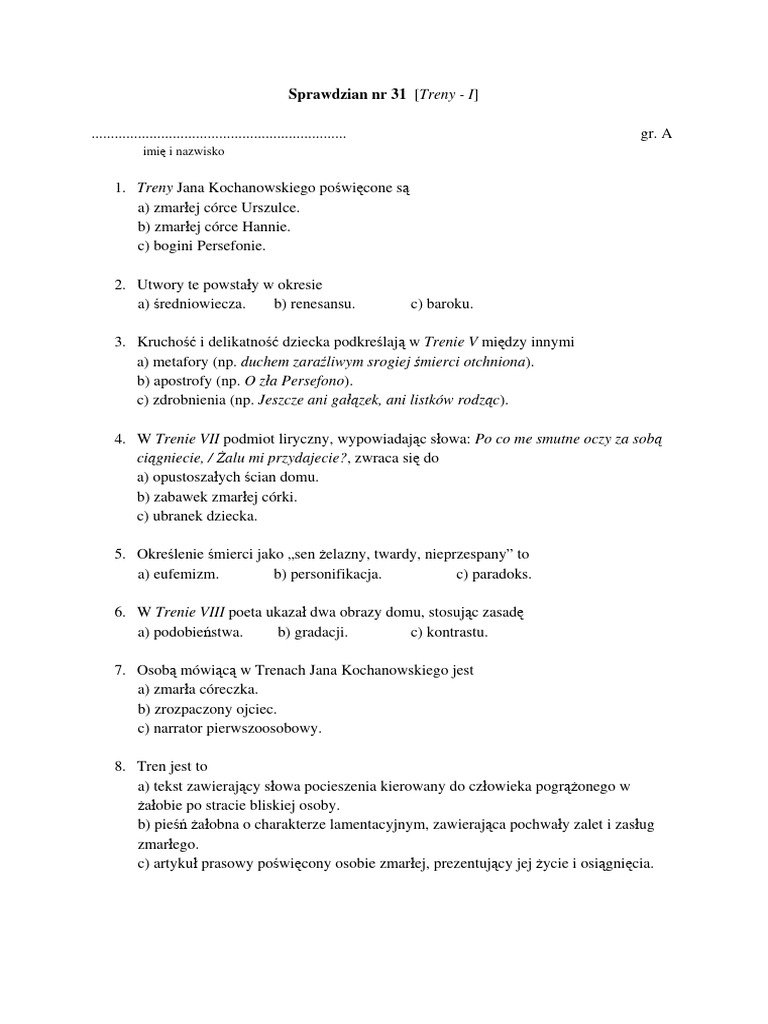 Wspólnota Narodowa Sprawdzian Sprawdzian 31 Treny I Grupa A I B Blizej Slowa Klasa 7 | PDF