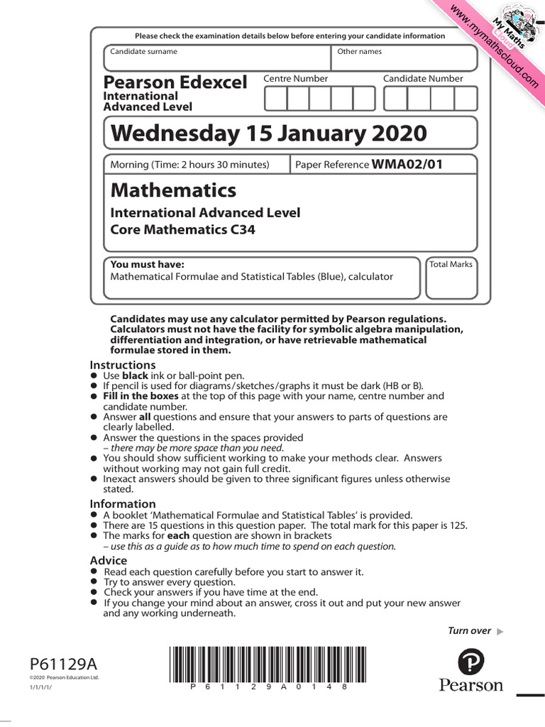 Jan 2020 C34 Mathematics Exam Paper | PDF | Mathematics | Mathematical ...