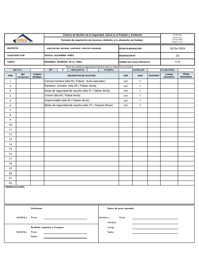 Ft-sst-022 Formato de Requisición 22 (1) | PDF