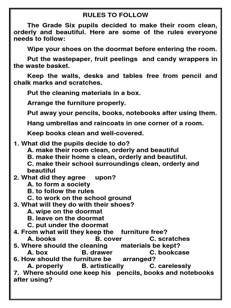 Grade 6 Reading Comprehension Rules | PDF | Lunch | Rat