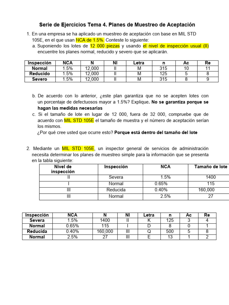 Serie de Ejercicios Tema 4. Planes de Muestreo JORGE ALAN GRPDF | PDF ...