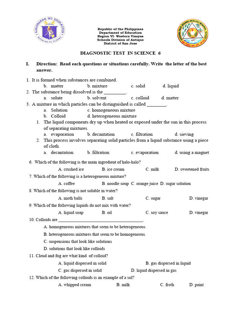 Pre Test Science 6 Pdf Mixture Volcano