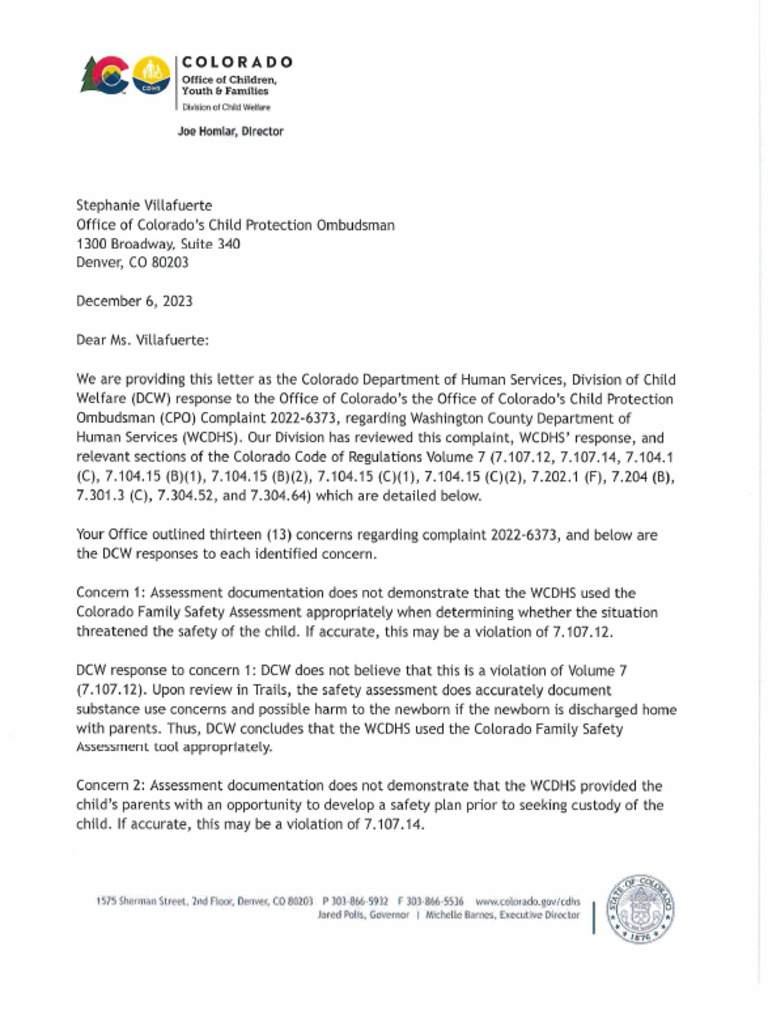 Case 1 CPO 2022 6373 CDHS Response Washington December 7 2023 FINAL | PDF