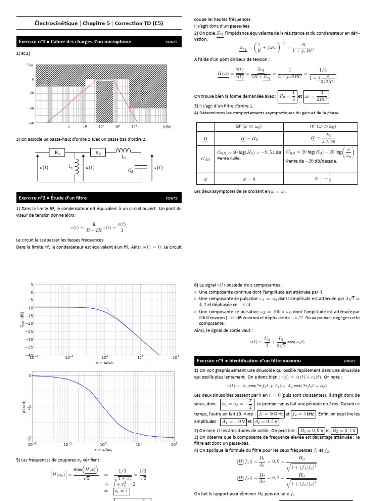 Correction TD Électrocinétique E5 | PDF | Filtre passe-bas | Filtre ...
