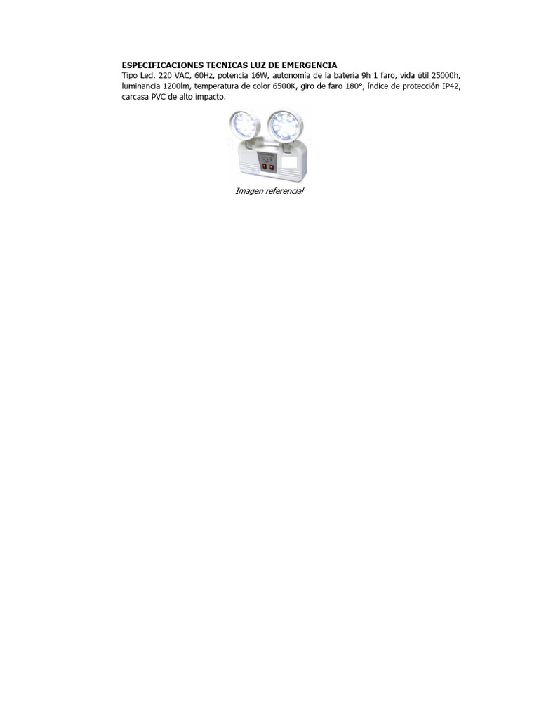 ESPECIFICACIONES TECNICAS LUZ DE EMERGENCIA PDF