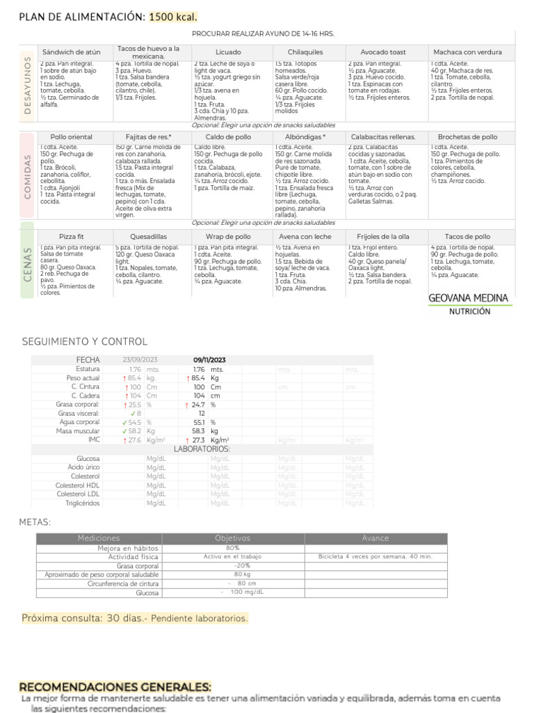 Plan de Alimentación 1500 kcal y Recomendaciones | PDF | Alimentos | Carne