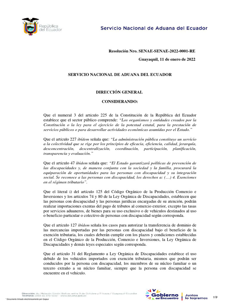 SENAE-SENAE-2022-0001-RE Discapacidad | PDF | aduana | Invalidez