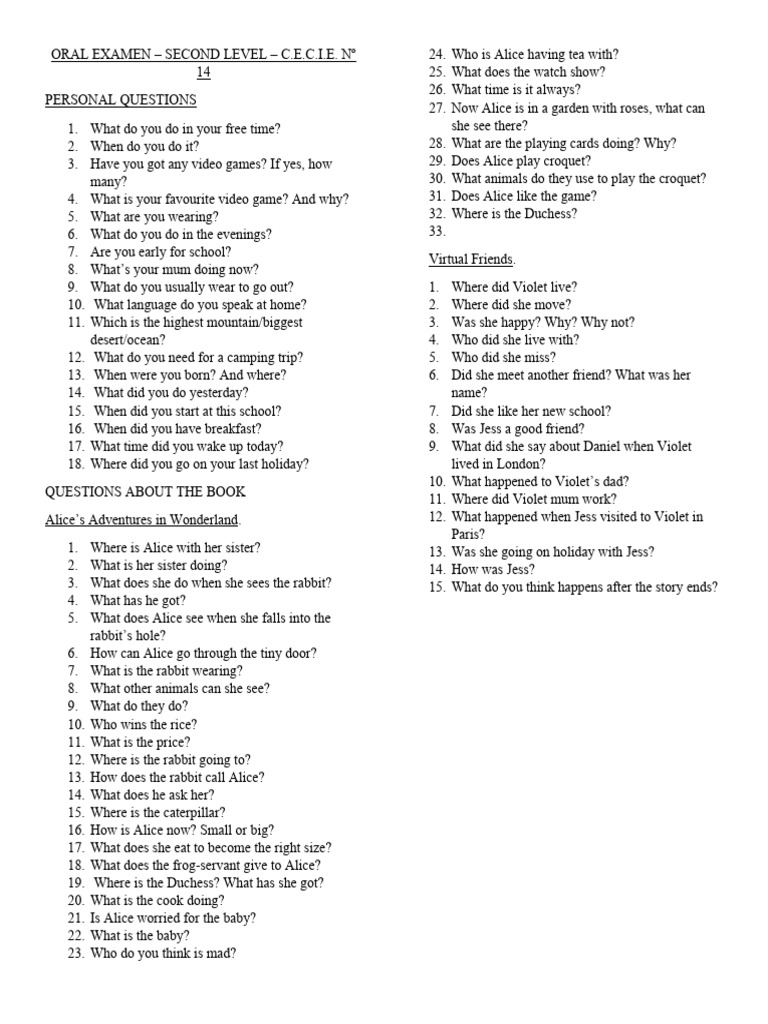 Oral Exam Questions for C.E.C.I.E. 14 | PDF | Alice (Alice's Adventures ...