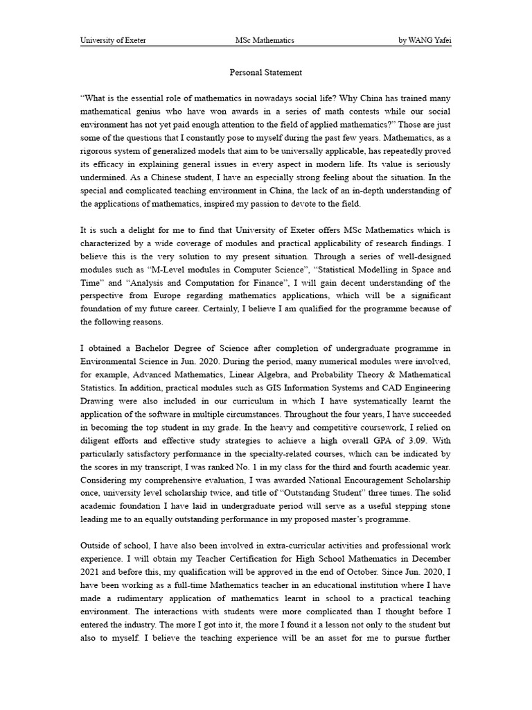 Personal Statement for MSc Mathematics | PDF | Mathematics | Applied ...