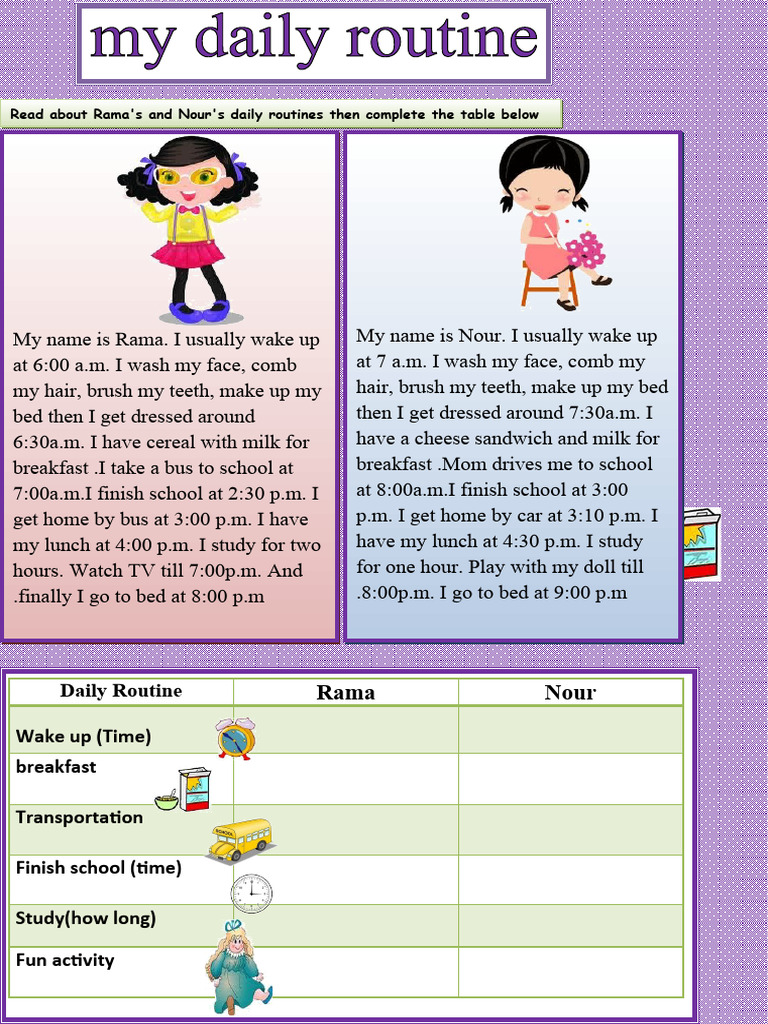 My daily routine text ficha de trabajo pdf
