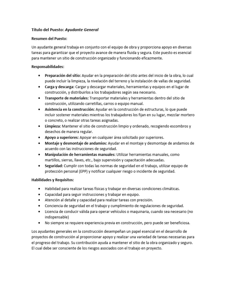 Descripcion de Puestos AYUDANTE GENERAL | PDF | Andamio