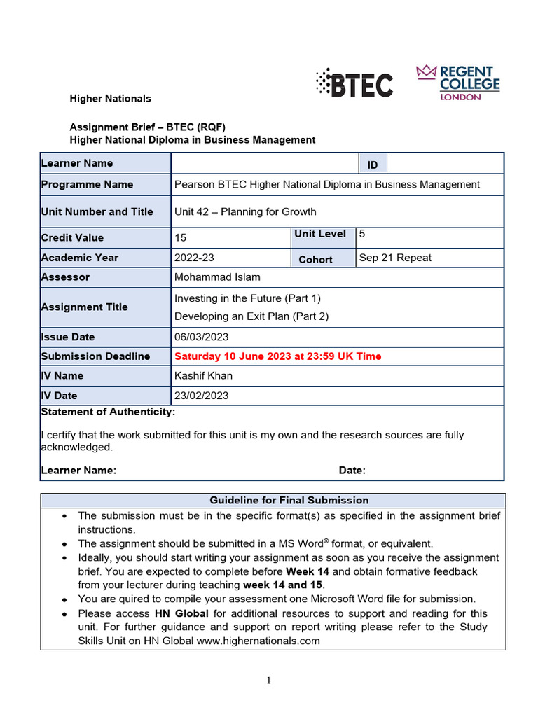 Unit 42 PG-Assignment Brief | PDF | Risk | Consultant