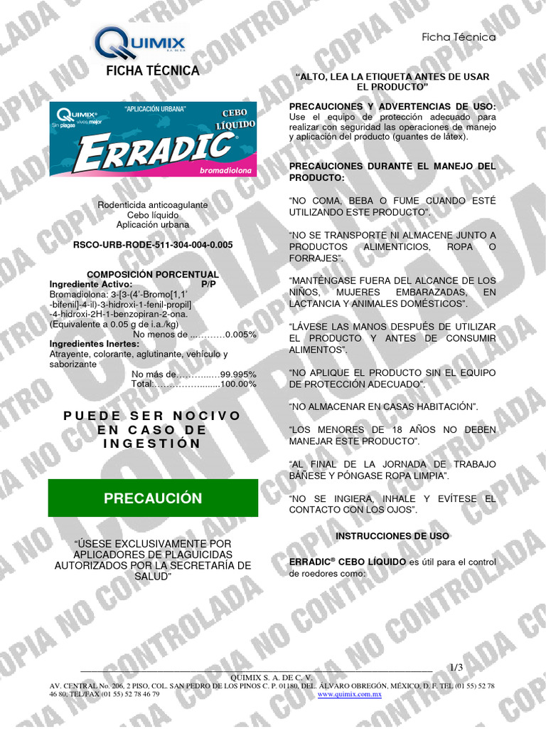 Erradic Cebo Liq 2017 NC Ficha Técnico | PDF | Agua | Vómitos
