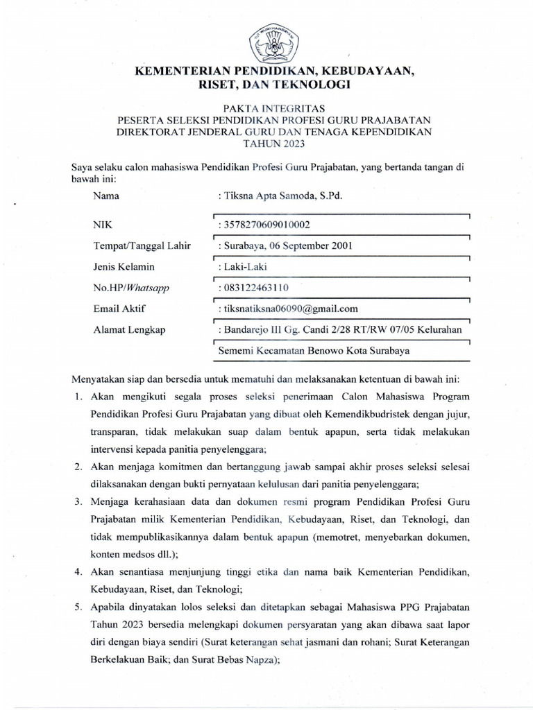 Pakta Integritas Ppg Prajab Pdf