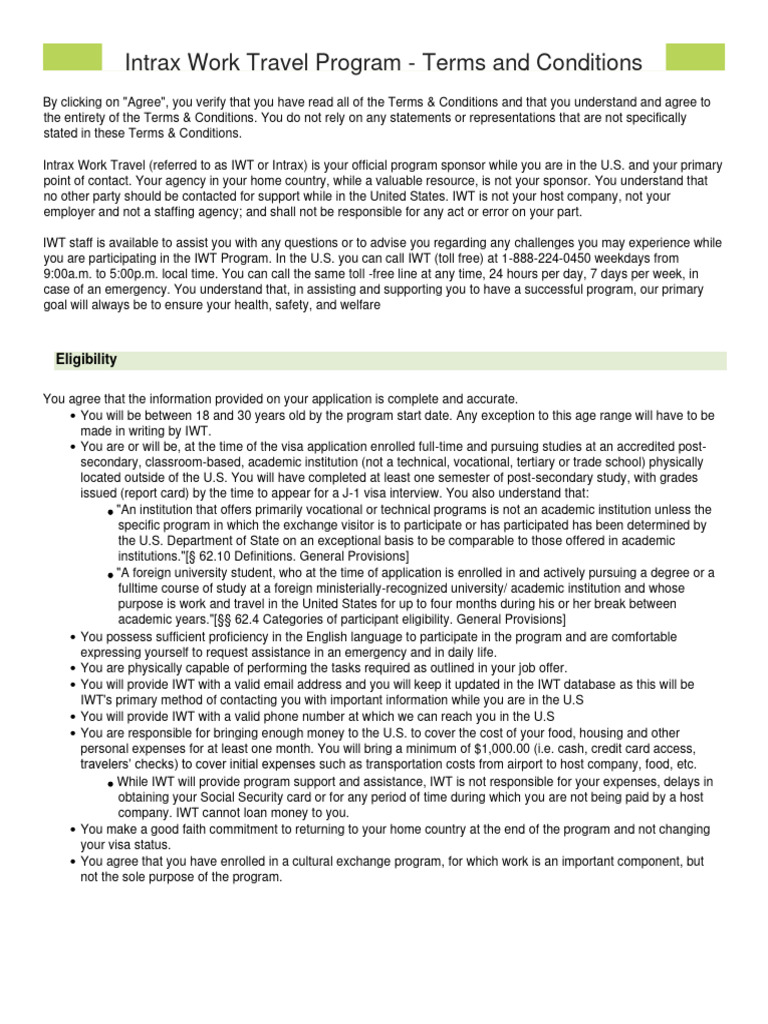 Intrax Inc. Work Travel Terms and Conditions PDF Arbitration