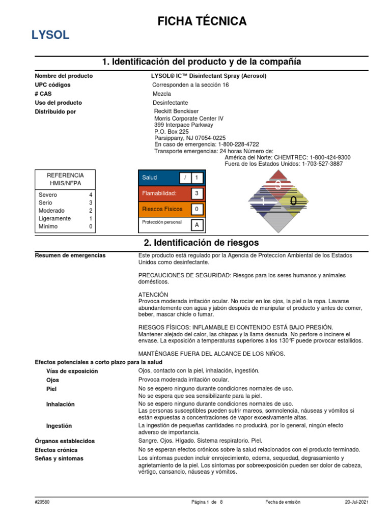 Ficha Tecnica Lysol Brand Iii Disinfectant Spray PDF Residuos Agua