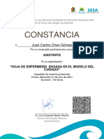 Constancia HOJA DE ENFERMERÍA BASADA EN EL MODELO DEL CUIDADO - Juan Carlos Chan Gómez