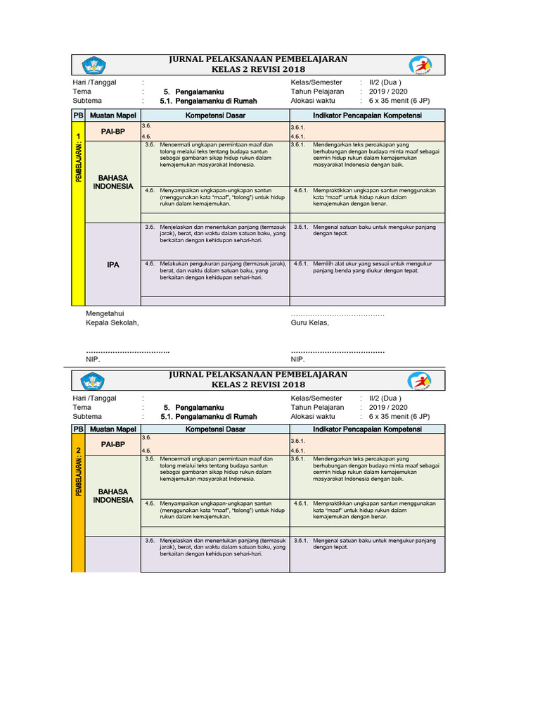 Jurnal Pembelajaran Kelas 2 Tema 5 | PDF