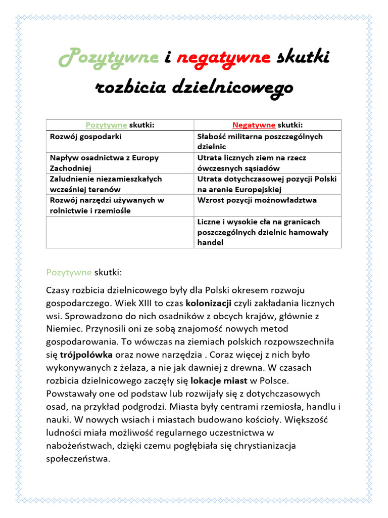 Przyczyny I Skutki Rozbicia Dzielnicowego Pozytywne I Negatywne Rozbicia Dzielnicowego I Nie Tylko | PDF