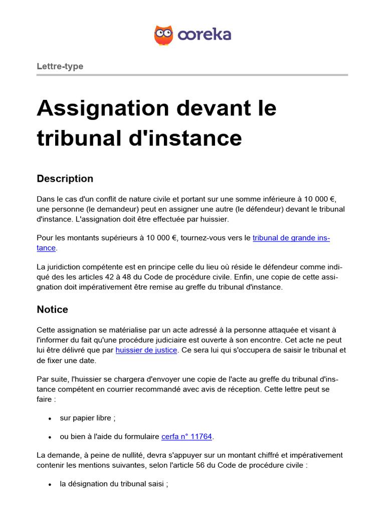 Modèle d'assignation tribunal d'instance | PDF | Greffier | Gouvernement